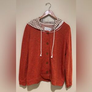 evy's tree Orange Button-Up Hoodie Sweater w/ Striped Hood & Pockets Size Large